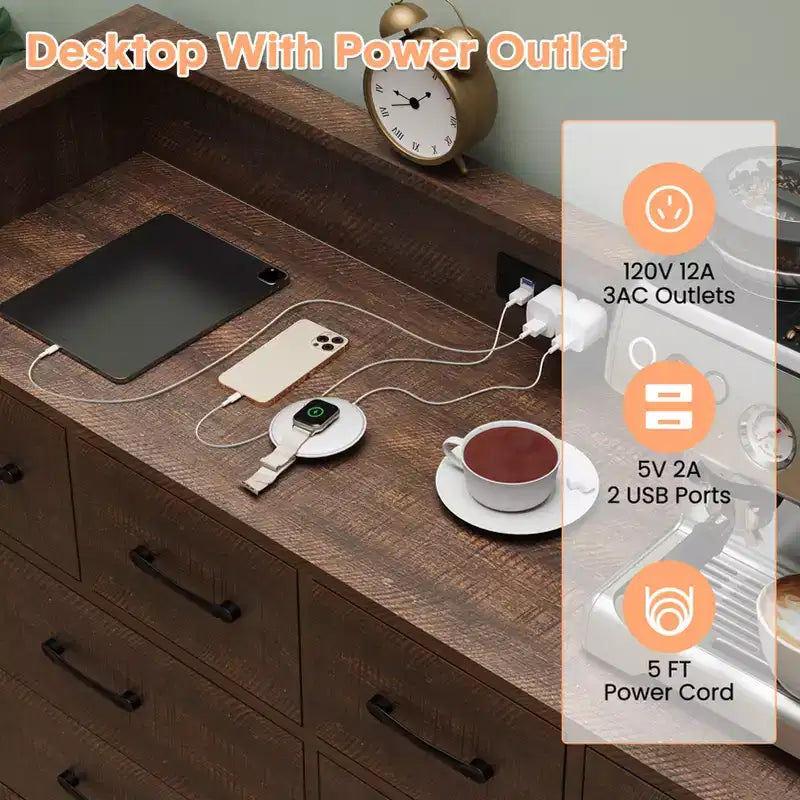 Mobile TV COZONY con comò a 8 cassetti, centro multimediale in legno con luce LED e stazione di ricarica, ampio spazio per camera da letto e soggiorno