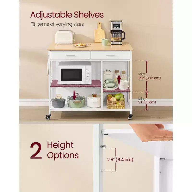 Carrello da cucina con isola su ruote con 2 cassetti e ripiani regolabili, workstation mobile con capacità di 294 kg su ruote bloccabili, larghezza 110 cm, beige e bianco