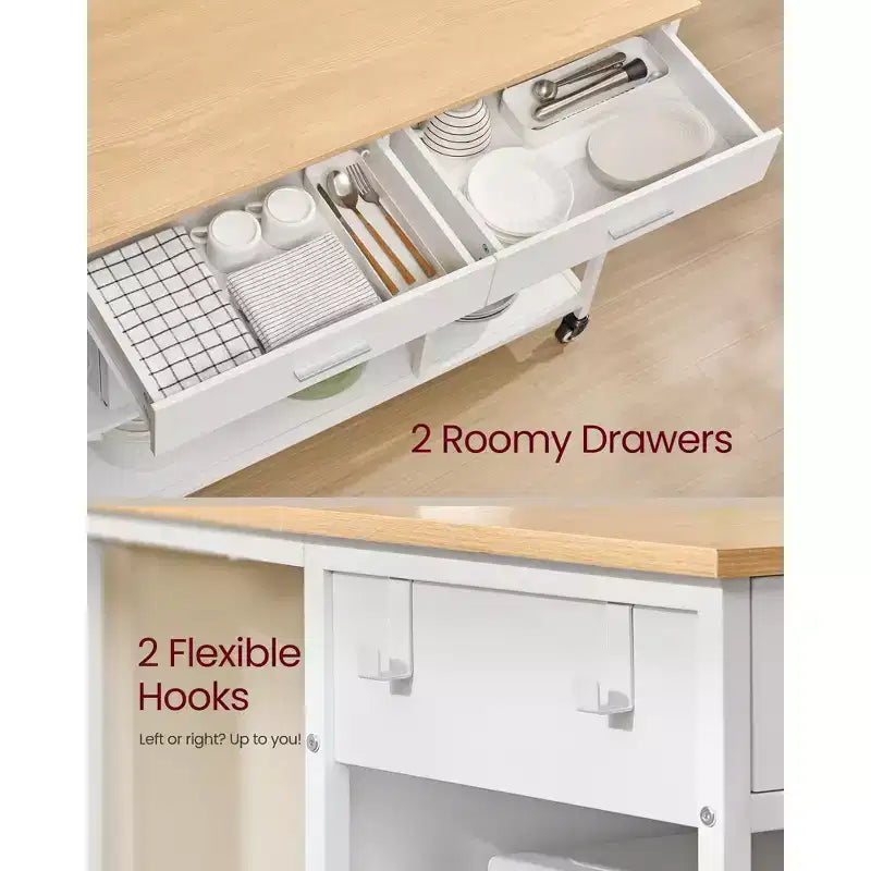 Carrello da cucina con isola su ruote con 2 cassetti e ripiani regolabili, workstation mobile con capacità di 294 kg su ruote bloccabili, larghezza 110 cm, beige e bianco
