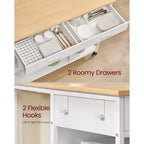 Carrello da cucina con isola su ruote con 2 cassetti e ripiani regolabili, workstation mobile con capacità di 294 kg su ruote bloccabili, larghezza 110 cm, beige e bianco