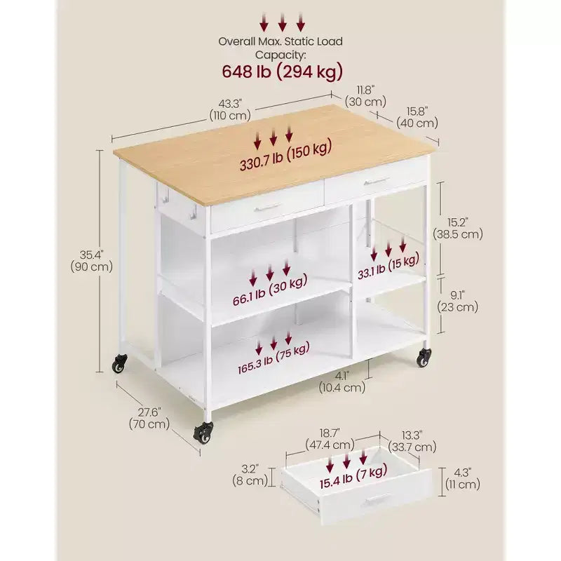 Carrello da cucina con isola su ruote con 2 cassetti e ripiani regolabili, workstation mobile con capacità di 294 kg su ruote bloccabili, larghezza 110 cm, beige e bianco