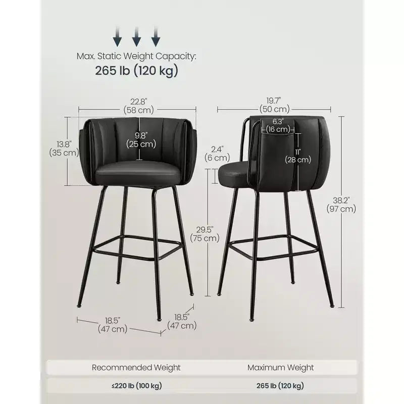 Set di 2 sgabelli da bar imbottiti con sedile girevole a 360° e tasche portaoggetti, schienale curvo e poggiapiedi, sgabelli da bancone con capacità di 120 kg, nero inchiostro