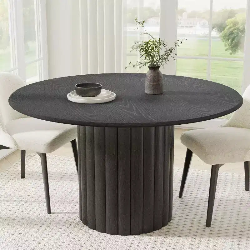 PexFix 52 Tavolo da pranzo rotondo in legno, tavolo da cucina per 4-6 persone con bordo superiore a forma di arco e piedistallo strutturato per soggiorno/sala da pranzo, caffè, ufficio, nero