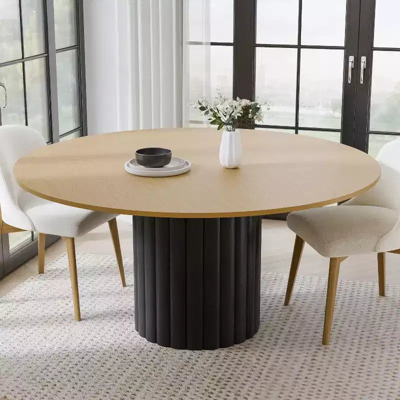 PexFix Tavolo da pranzo rotondo da 60 in legno massello, tavolo da cucina per 6-8 persone con piano e base cilindrica testurizzata per soggiorno/sala da pranzo, caffè, ufficio, naturale