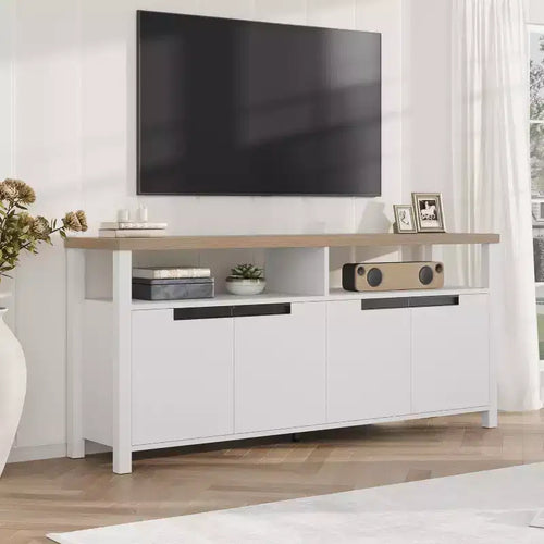 63 Farmhouse TV Console - Rustic Entertainment Center with 4 Doors & Open Shelving for Living Room