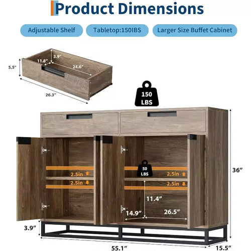 Buffet bahut moderne de 139,7 cm – Meuble de rangement de cuisine avec 2 tiroirs et 4 portes pour salle à manger