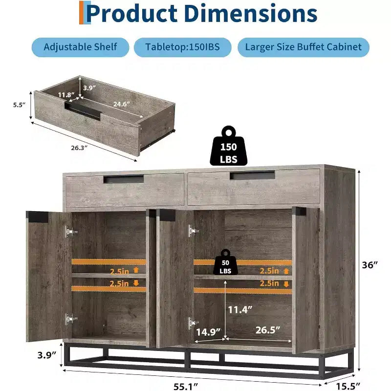 Buffet moderno a credenza da 140 cm – Madia da cucina con 2 cassetti e 4 ante per sala da pranzo