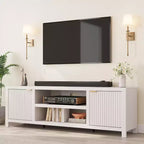 White Fluted TV Console - Modern 80 Media Stand with Gold Handles & Storage for Living Room