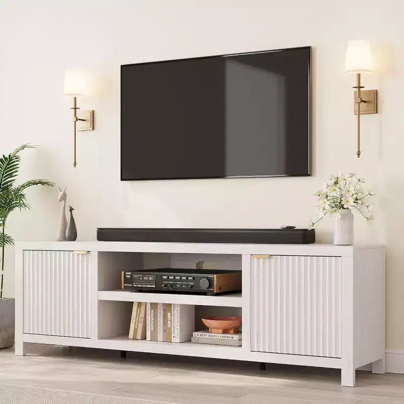 White Fluted TV Console - Modern 80 Media Stand with Gold Handles & Storage for Living Room