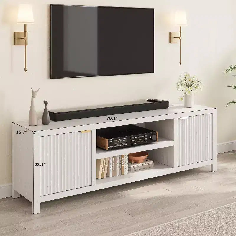 Mobile TV scanalato bianco - Porta TV moderno da 80 pollici con maniglie dorate e contenitori per soggiorno