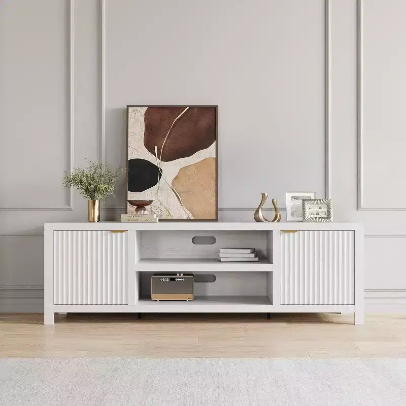 Mobile TV scanalato bianco - Porta TV moderno da 80 pollici con maniglie dorate e contenitori per soggiorno