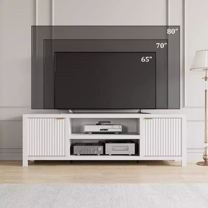 Mobile TV scanalato bianco - Porta TV moderno da 80 pollici con maniglie dorate e contenitori per soggiorno