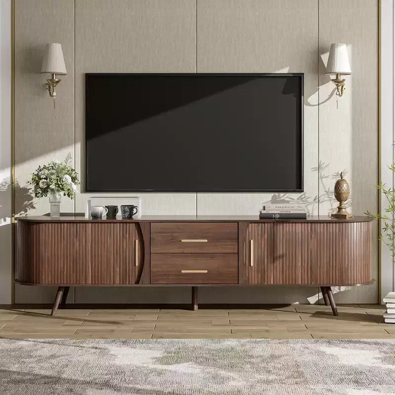 TV Stand for TVs up to 80, Mid-Century Modern TV Console Media Console Entertainment Center with Sliding Doors & 2 Drawers, Dark Brown - ModernLuxe