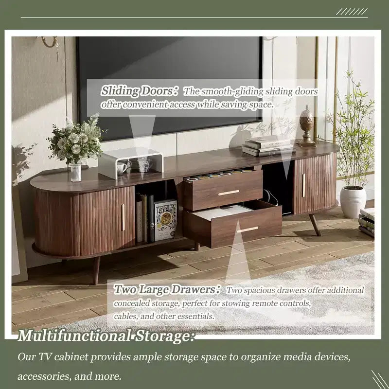 Mobile Porta TV per Televisori fino a 80 Pollici, Credenza TV Moderna Mid-Century Mobile per Media Centro Intrattenimento con Ante Scorrevoli e 2 Cassetti, Marrone Scuro - ModernLuxe