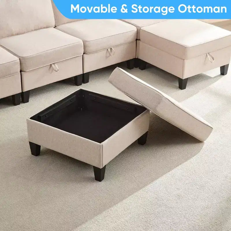Mjkone Divano modulare a 4 posti combinabile e flessibile con pouf, Divano letto trasformabile in lino con spazio contenitore