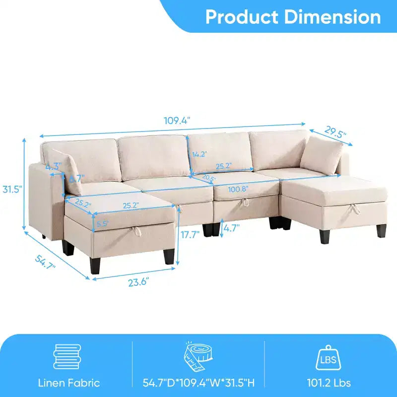 Mjkone Divano modulare a 4 posti combinabile e flessibile con pouf, Divano letto trasformabile in lino con spazio contenitore
