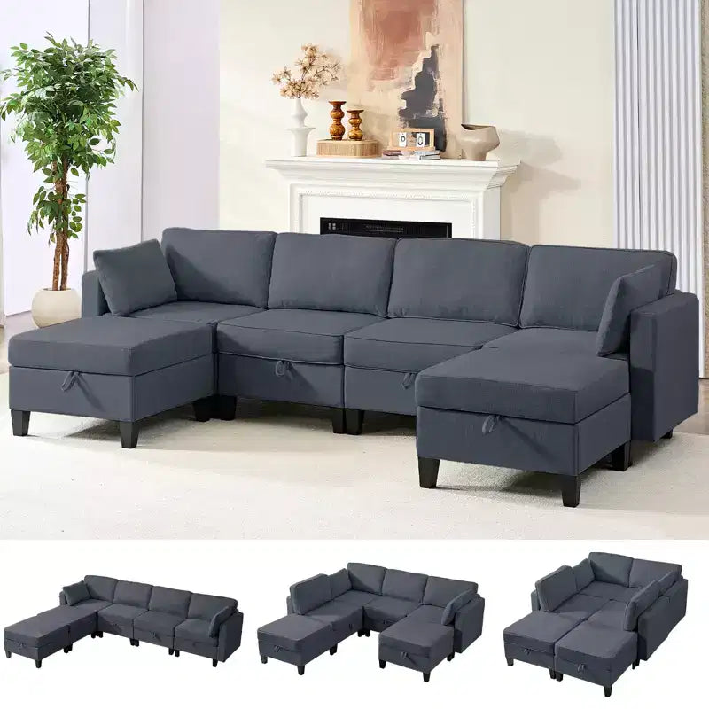 Mjkone Divano modulare a 4 posti combinabile e flessibile con pouf, Divano letto trasformabile in lino con spazio contenitore