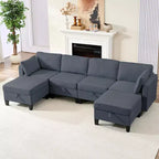 Mjkone Divano modulare a 4 posti combinabile e flessibile con pouf, Divano letto trasformabile in lino con spazio contenitore