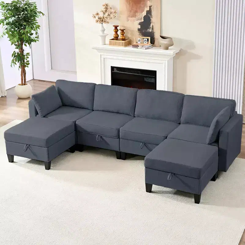 Mjkone Divano modulare a 4 posti combinabile e flessibile con pouf, Divano letto trasformabile in lino con spazio contenitore
