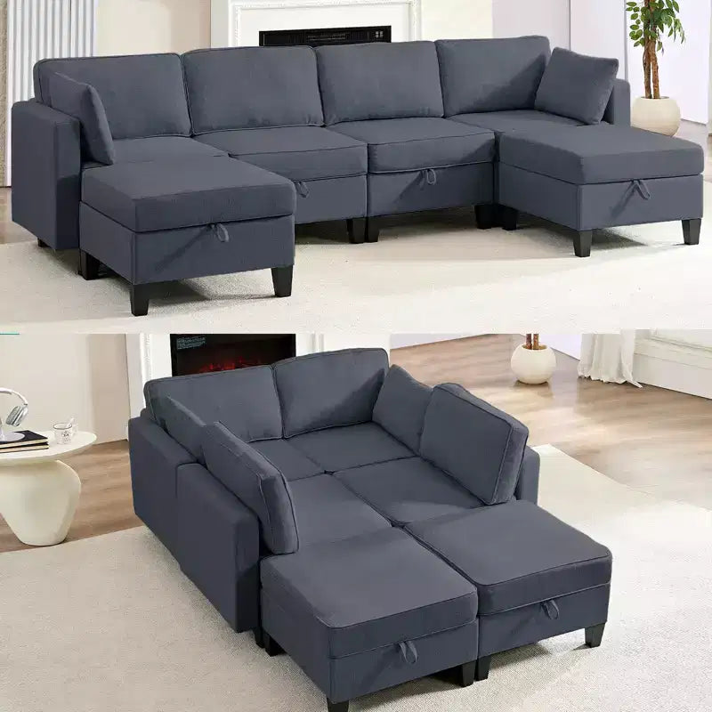 Mjkone Divano modulare a 4 posti combinabile e flessibile con pouf, Divano letto trasformabile in lino con spazio contenitore