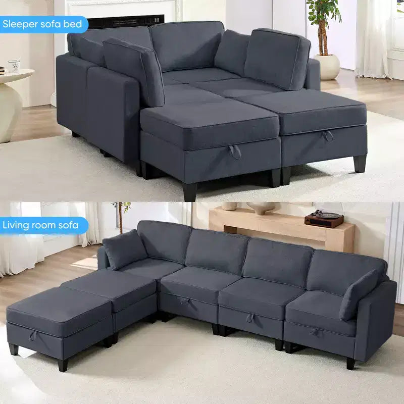 Mjkone Divano modulare a 4 posti combinabile e flessibile con pouf, Divano letto trasformabile in lino con spazio contenitore