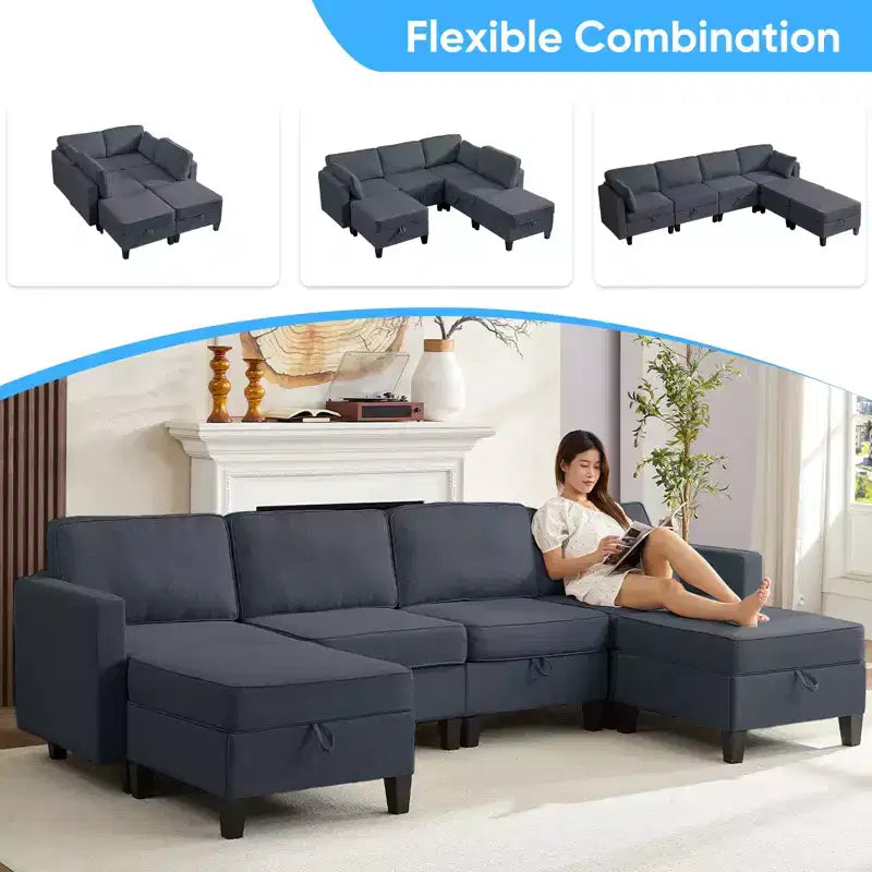 Mjkone Divano modulare a 4 posti combinabile e flessibile con pouf, Divano letto trasformabile in lino con spazio contenitore