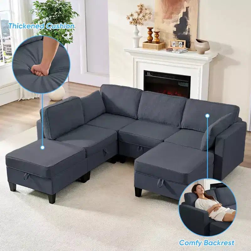 Mjkone Divano modulare a 4 posti combinabile e flessibile con pouf, Divano letto trasformabile in lino con spazio contenitore