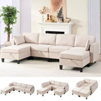 Mjkone Divano modulare a 4 posti combinabile e flessibile con pouf, Divano letto trasformabile in lino con spazio contenitore