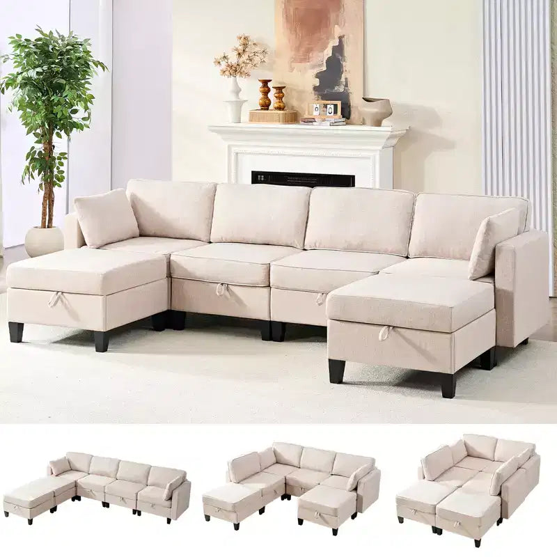 Mjkone Divano modulare a 4 posti combinabile e flessibile con pouf, Divano letto trasformabile in lino con spazio contenitore