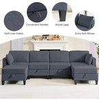 Mjkone Divano modulare a 4 posti combinabile e flessibile con pouf, Divano letto trasformabile in lino con spazio contenitore