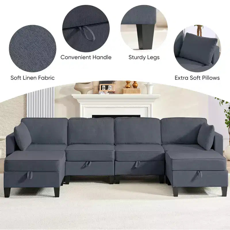 Mjkone Divano modulare a 4 posti combinabile e flessibile con pouf, Divano letto trasformabile in lino con spazio contenitore