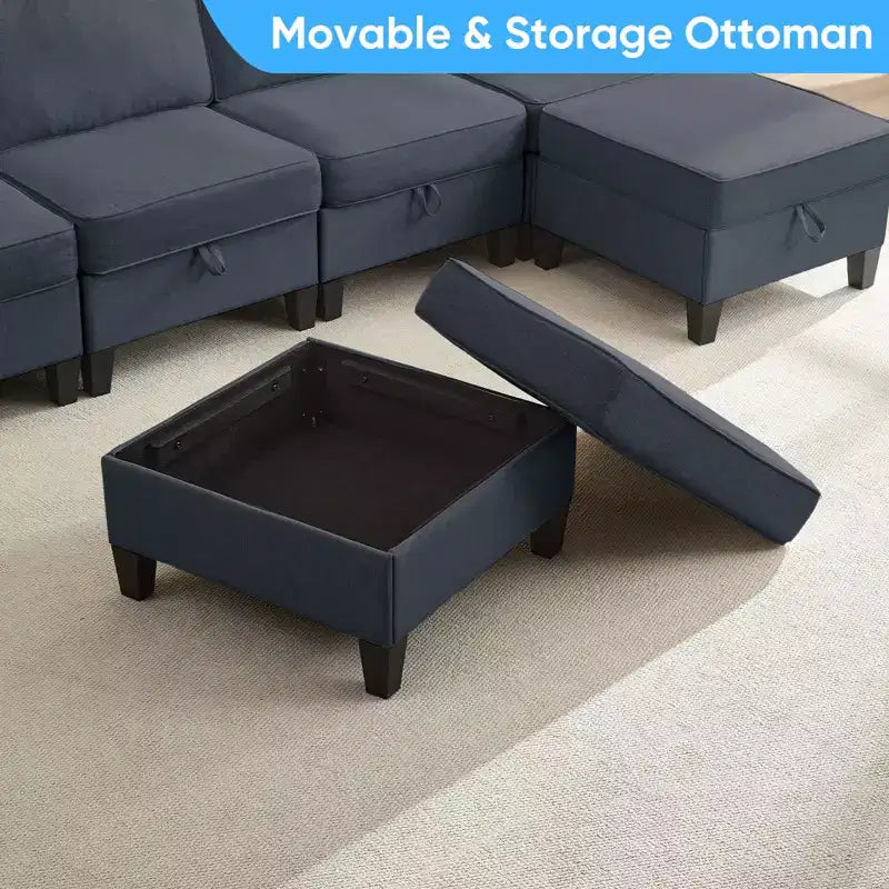 Mjkone Divano modulare a 4 posti combinabile e flessibile con pouf, Divano letto trasformabile in lino con spazio contenitore