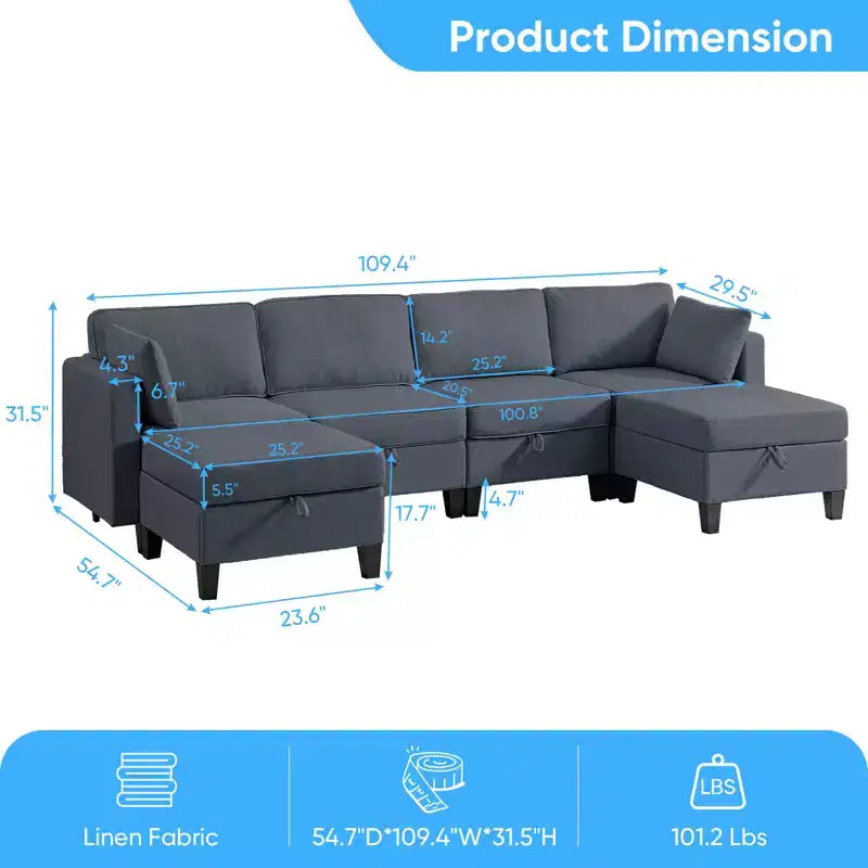 Mjkone Divano modulare a 4 posti combinabile e flessibile con pouf, Divano letto trasformabile in lino con spazio contenitore