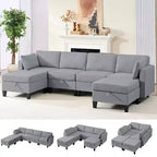 Mjkone Divano modulare a 4 posti combinabile e flessibile con pouf, Divano letto trasformabile in lino con spazio contenitore