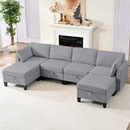 Mjkone Divano modulare a 4 posti combinabile e flessibile con pouf, Divano letto trasformabile in lino con spazio contenitore
