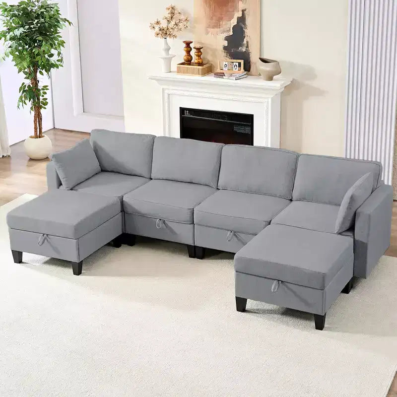 Mjkone Divano modulare a 4 posti combinabile e flessibile con pouf, Divano letto trasformabile in lino con spazio contenitore