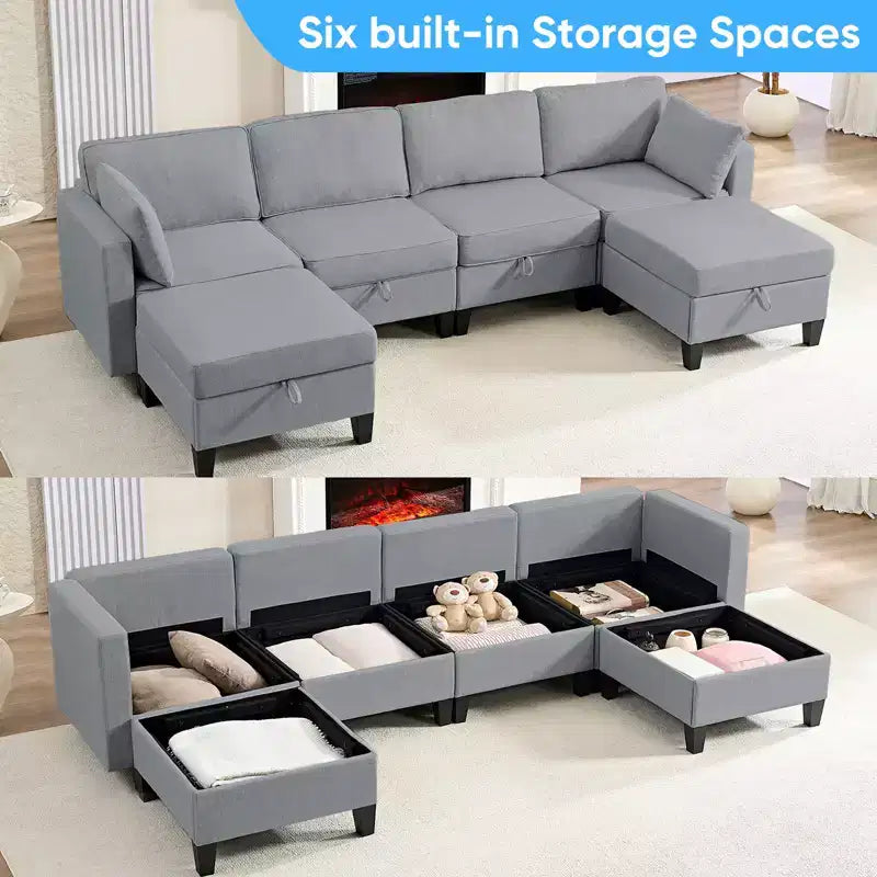 Mjkone Divano modulare a 4 posti combinabile e flessibile con pouf, Divano letto trasformabile in lino con spazio contenitore