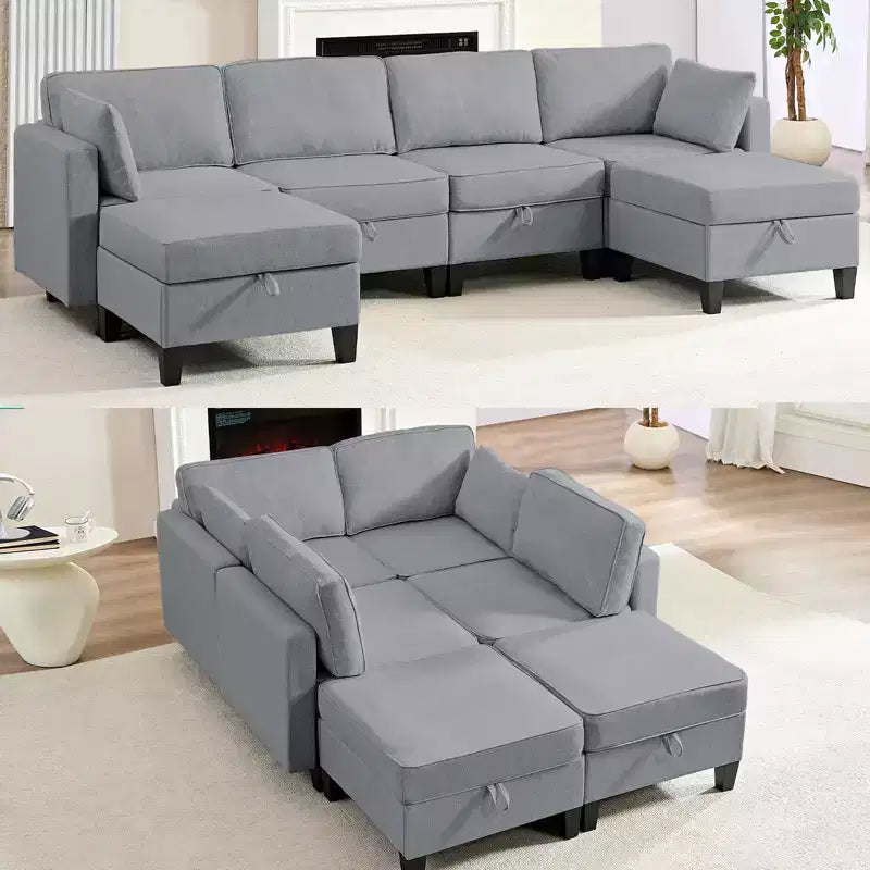 Mjkone Divano modulare a 4 posti combinabile e flessibile con pouf, Divano letto trasformabile in lino con spazio contenitore