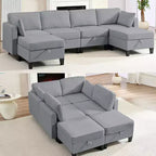 Mjkone Divano modulare a 4 posti combinabile e flessibile con pouf, Divano letto trasformabile in lino con spazio contenitore