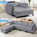 Mjkone Divano modulare a 4 posti combinabile e flessibile con pouf, Divano letto trasformabile in lino con spazio contenitore