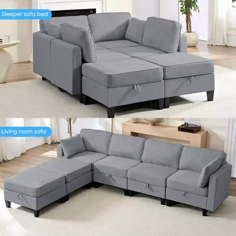 Mjkone Divano modulare a 4 posti combinabile e flessibile con pouf, Divano letto trasformabile in lino con spazio contenitore