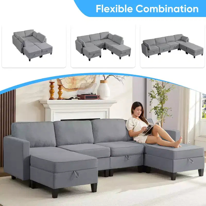 Mjkone Divano modulare a 4 posti combinabile e flessibile con pouf, Divano letto trasformabile in lino con spazio contenitore