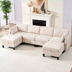 Mjkone Divano modulare a 4 posti combinabile e flessibile con pouf, Divano letto trasformabile in lino con spazio contenitore