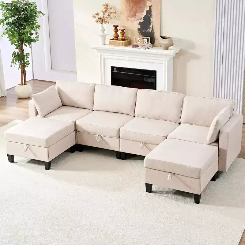 Mjkone Divano modulare a 4 posti combinabile e flessibile con pouf, Divano letto trasformabile in lino con spazio contenitore
