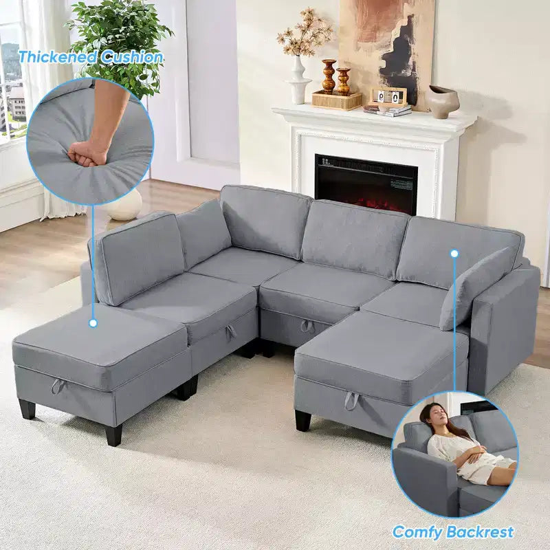 Mjkone Divano modulare a 4 posti combinabile e flessibile con pouf, Divano letto trasformabile in lino con spazio contenitore