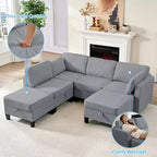 Mjkone Divano modulare a 4 posti combinabile e flessibile con pouf, Divano letto trasformabile in lino con spazio contenitore