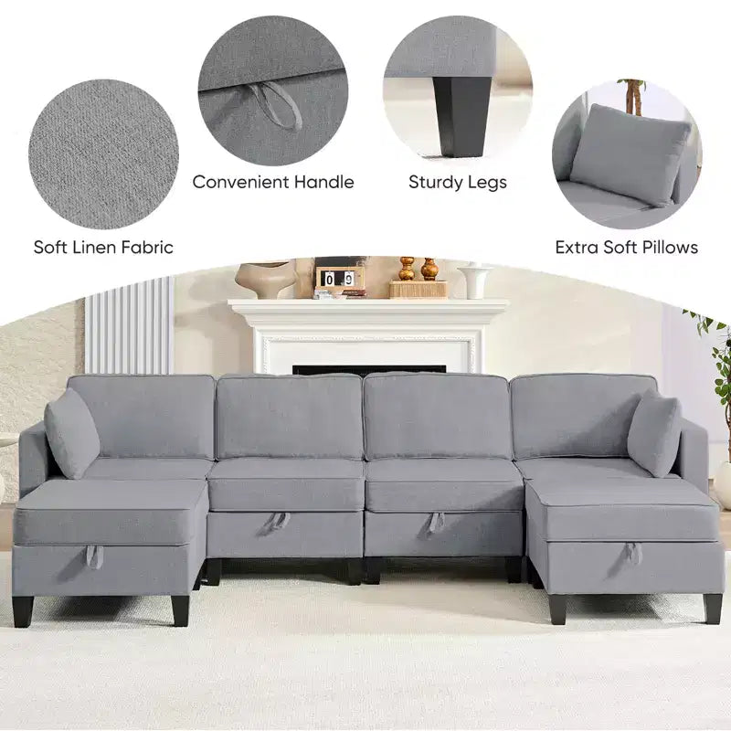 Mjkone Divano modulare a 4 posti combinabile e flessibile con pouf, Divano letto trasformabile in lino con spazio contenitore