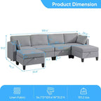 Mjkone Divano modulare a 4 posti combinabile e flessibile con pouf, Divano letto trasformabile in lino con spazio contenitore