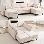 Mjkone Divano modulare a 4 posti combinabile e flessibile con pouf, Divano letto trasformabile in lino con spazio contenitore