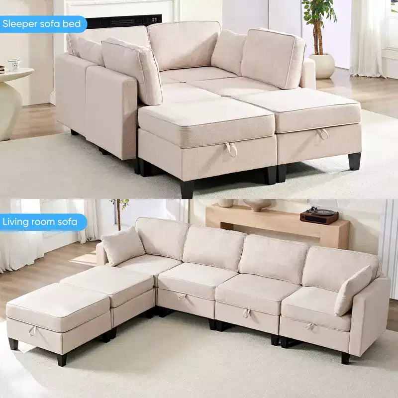 Mjkone Divano modulare a 4 posti combinabile e flessibile con pouf, Divano letto trasformabile in lino con spazio contenitore